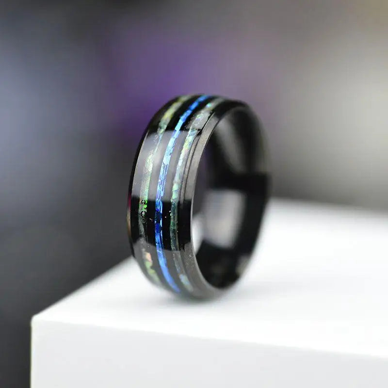 Rose Gold Color Tungsten Wedding Men Stainless Steel Rings Inlay Abalone Shell Blue Opal Rings Men Wedding Jewelry