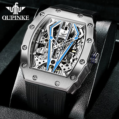 OUPINKE Mens Watches Luxury Brand Automatic Mechanical Wristwatch Fashion Skeleton Silicone Strap Sports Waterproof  Watch Men