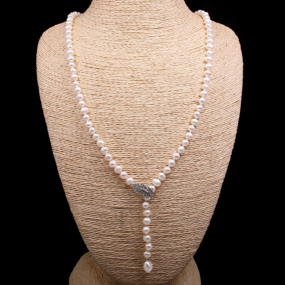 Long Pearl Necklace Sweater Chain - 8-9mm Natural Freshwater Pearl Jewelry