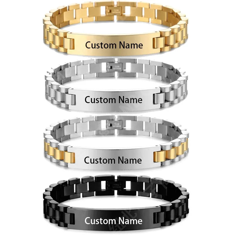 qqqq GoldButterfly Engravable Name Bracelet Gold Tone Stainless Steel Mens ID Bracelets Free Engraving Laser Name Date Customize Gift