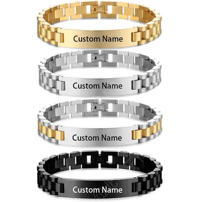 qqqq GoldButterfly Engravable Name Bracelet Gold Tone Stainless Steel Mens ID Bracelets Free Engraving Laser Name Date Customize Gift