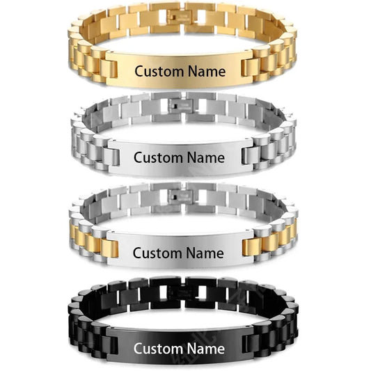 qqqq GoldButterfly Engravable Name Bracelet Gold Tone Stainless Steel Mens ID Bracelets Free Engraving Laser Name Date Customize Gift