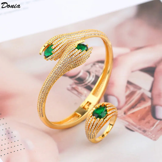 Donia Jewelry European and American luxury green AAA zircon open bracelet zircon fashion bracelet ring set women