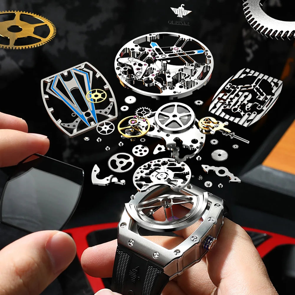 OUPINKE Mens Watches Luxury Brand Automatic Mechanical Wristwatch Fashion Skeleton Silicone Strap Sports Waterproof  Watch Men