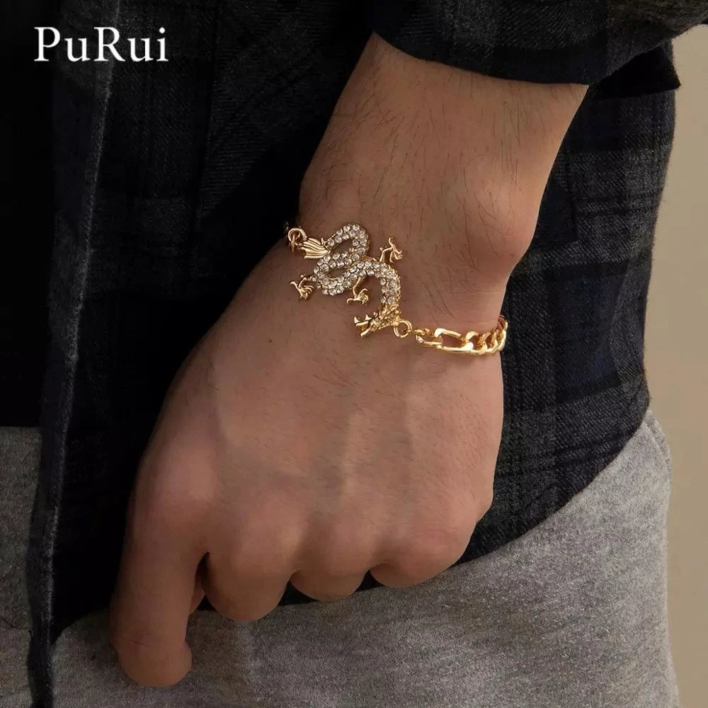 PuRui Kpop Luxury Crystal Dragon Pendant Bracelet for Women Men Gold Color Metal Cuban Link Chain Bracelet Unisex Wrist Jewerly