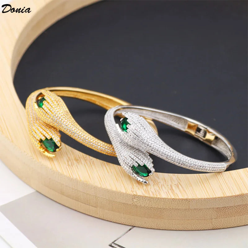 Donia Jewelry European and American luxury green AAA zircon open bracelet zircon fashion bracelet ring set women