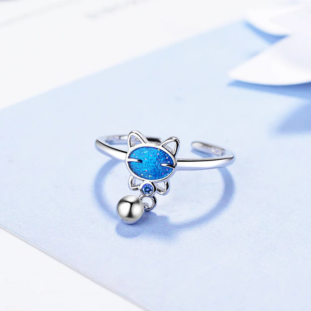 Simple Cute Blue Cat Bead Ring.