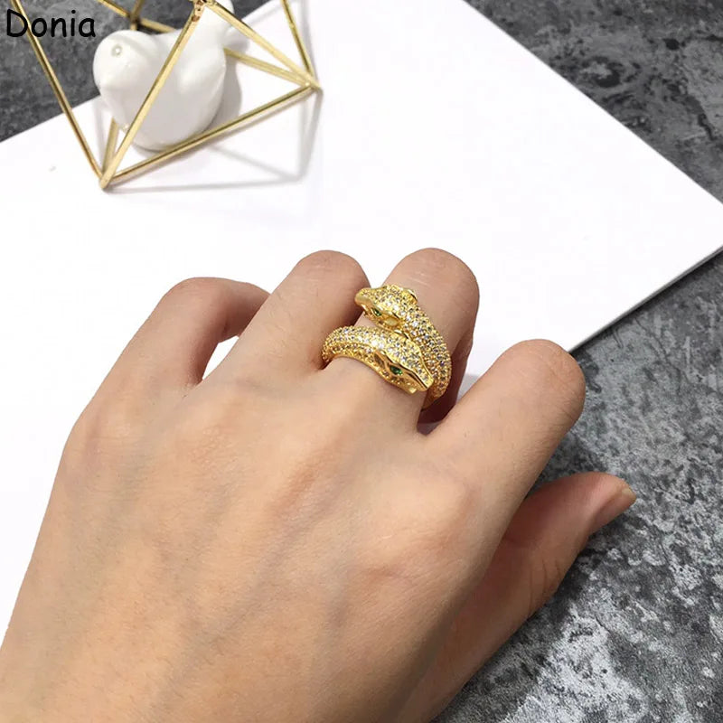 Donia jewelry European and American fashion double panther head copper micro-inlaid zircon ring animal ring luxury ring