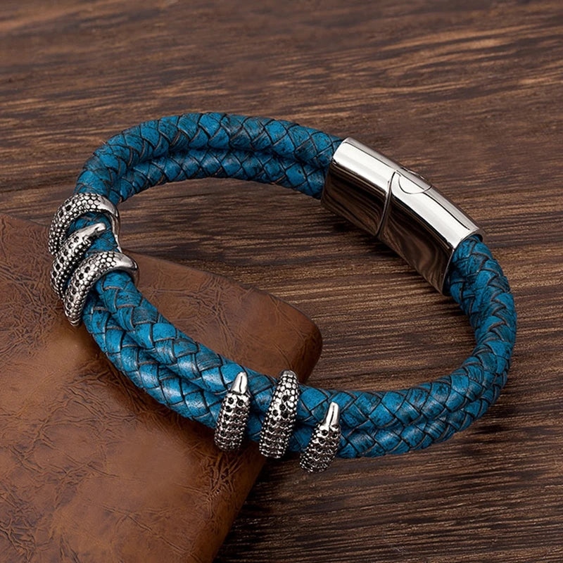 MKENDN Punk Men Vintage Blue Braided Genuine Leather Bracelet Black Dragon Claw Homme Femme Bracelets Handmade Jewelry Pulseras