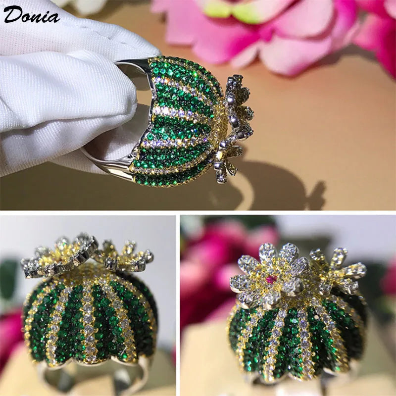 Donia Jewelry Fashion New Titanium Micro-Inlaid Green AAA Zircon Flower Opening Ring Cactus Rotating Classic Lady Gift