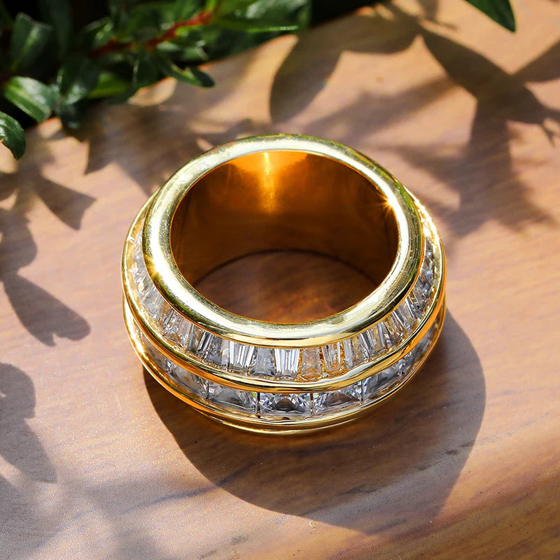 D&Z Baguette Layered Ring High Quality Copper Material Gold Color Iced Out Cubic Zirconia Fashion Hip Hop Jewelry Gift For Man