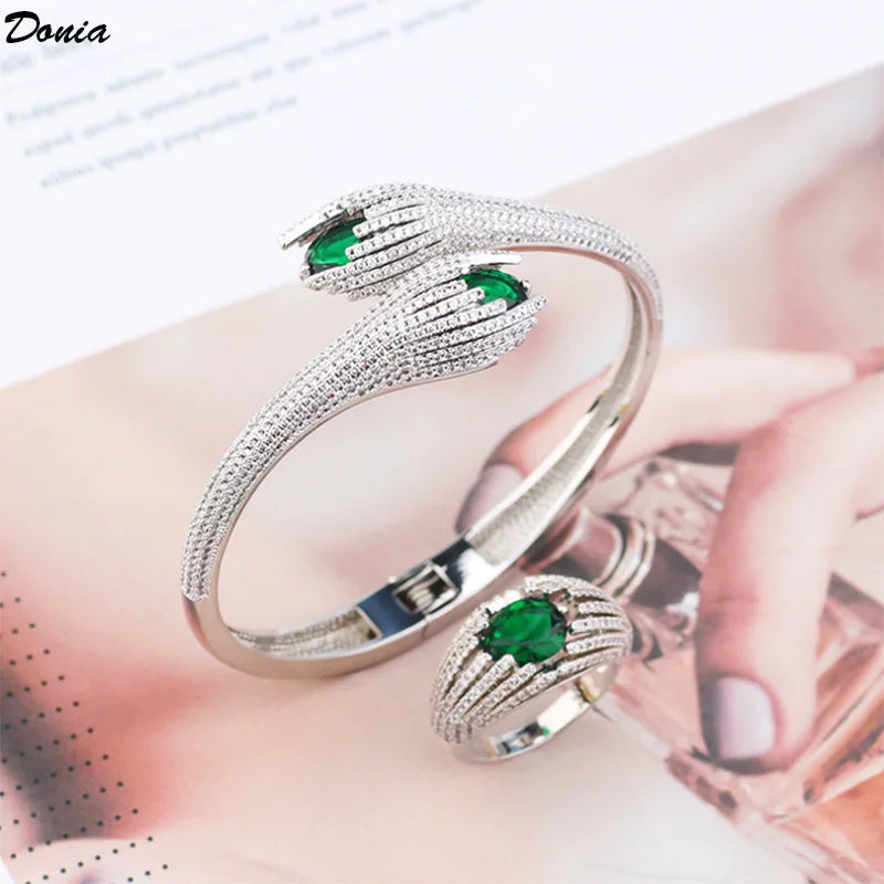 Donia Jewelry European and American luxury green AAA zircon open bracelet zircon fashion bracelet ring set women