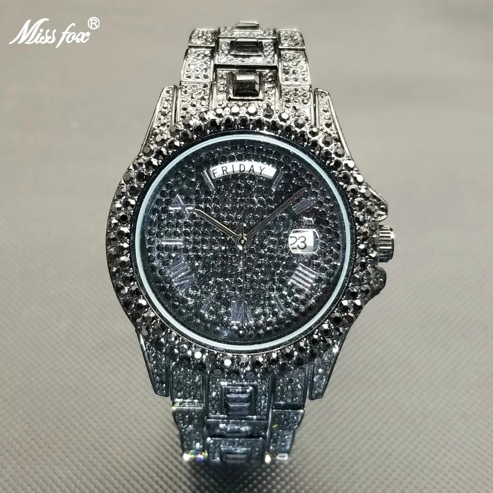 MISSFOX Hip Hop Diamond Mens Watches Luxury Silver Stainless Steel Quartz Watch Top Brand Waterproof Date Day Iced Out Clock Man