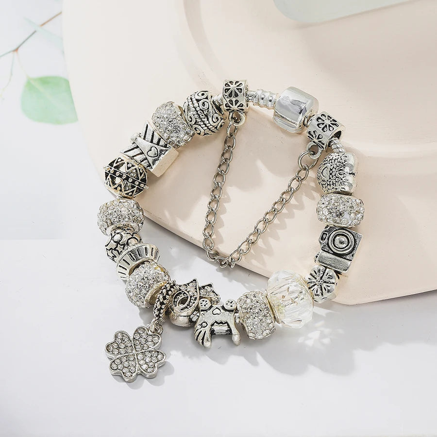 Dinglly Silver Color Beads Lucky Charm Bracelets For Women Original Streamer Crystal Beaded Bangle Fashion Jewelry Gifts