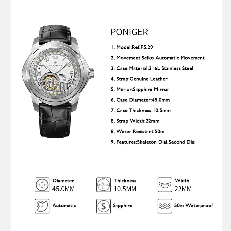 PONIGER Luxury Brand Men's Watch.