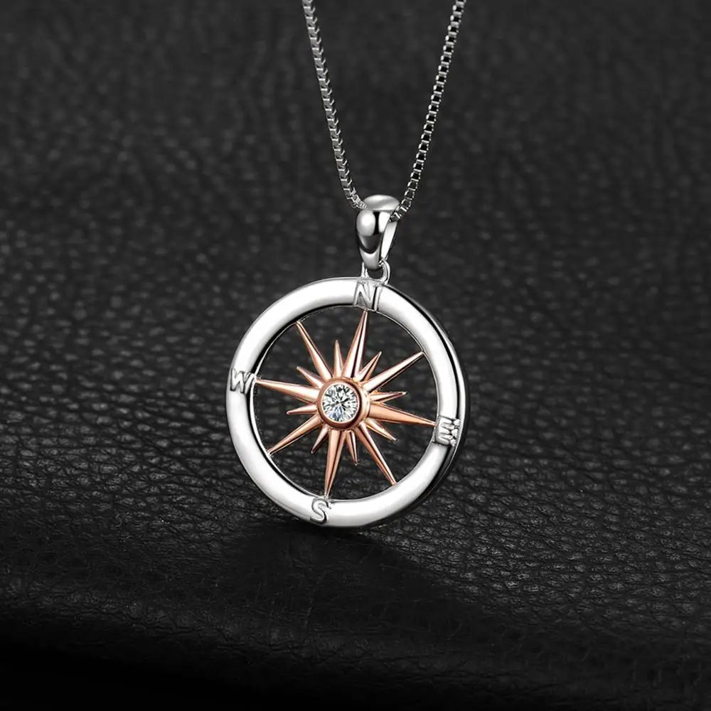 JewelryPalace Sun Star Compass Circle 925 Sterling Silver Rose Gold Pendant Necklace Women Round Cubic Zirconia Pendant No Chain