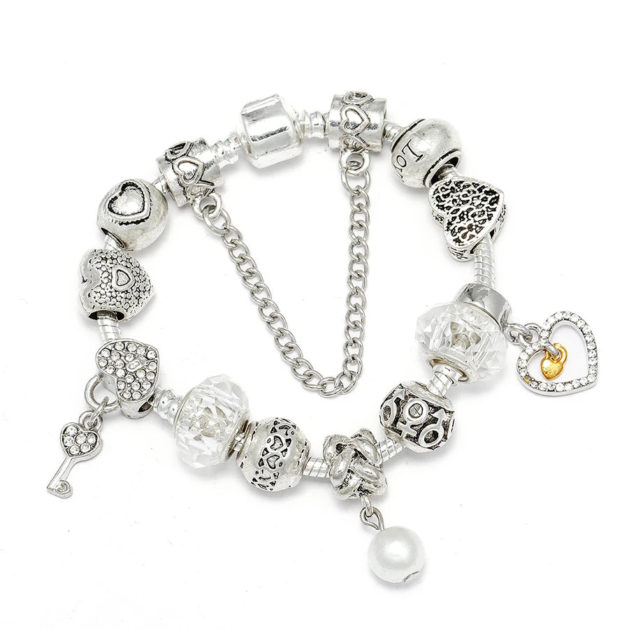 Dinglly Silver Color Beads Lucky Charm Bracelets For Women Original Streamer Crystal Beaded Bangle Fashion Jewelry Gifts