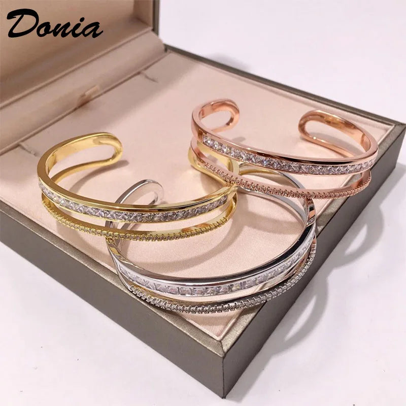 Donia jewelry Fashion copper micro-inlaid jewelry shiny beautiful double-row Zircon square Zircon C-shaped double bracelet