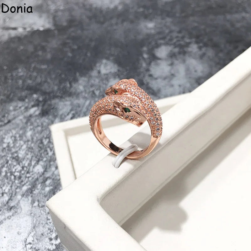 Donia jewelry European and American fashion double panther head copper micro-inlaid zircon ring animal ring luxury ring