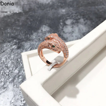 Donia jewelry European and American fashion double panther head copper micro-inlaid zircon ring animal ring luxury ring