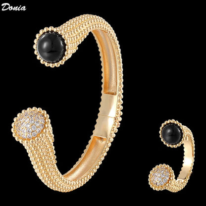 Donia Jewelry gold Simple square Beaded open-ended bangle and ring jewelry set fashion copper bangle everyone new year gifts