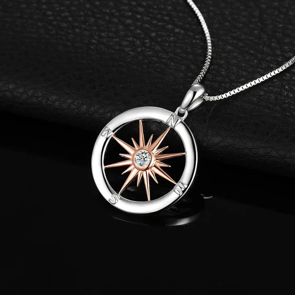 JewelryPalace Sun Star Compass Circle 925 Sterling Silver Rose Gold Pendant Necklace Women Round Cubic Zirconia Pendant No Chain