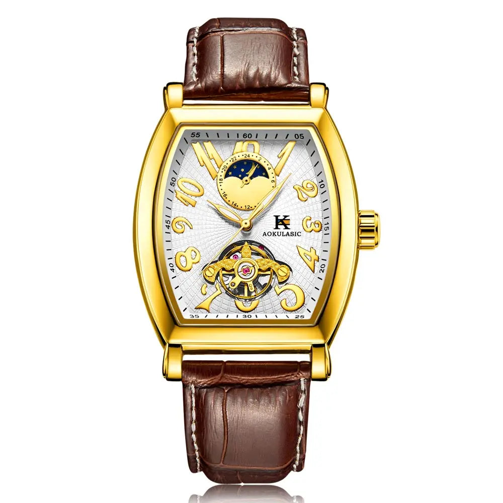 AOKULASIC Moonphase Gold Tonneau Tourbillon Automatic.