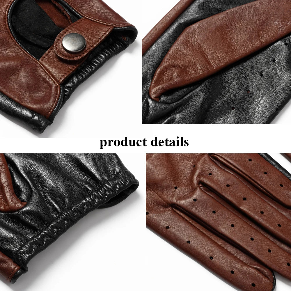 YYST29 Branded New Spring Men Genuine Leather Gloves Male Double Color Patchwork Punk Thin Luvas Fashion Driving Mittens