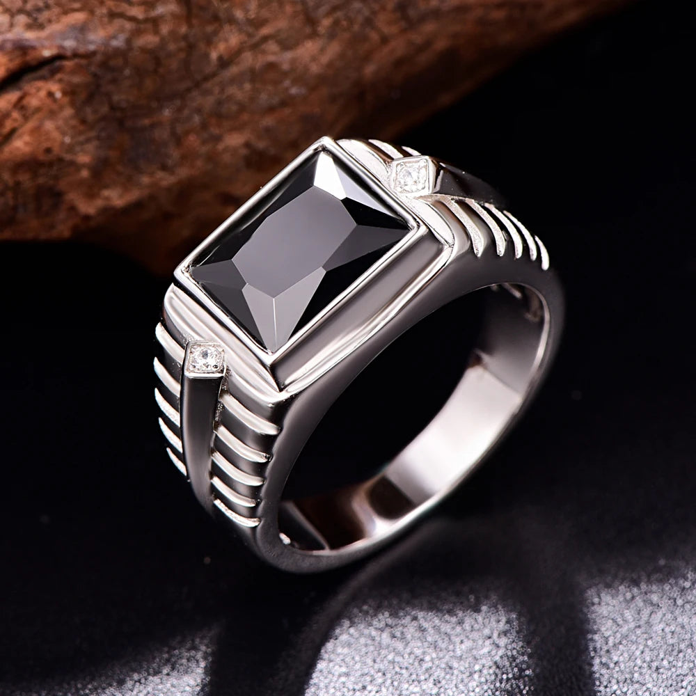 Silver Created Created Black Men's Ring.