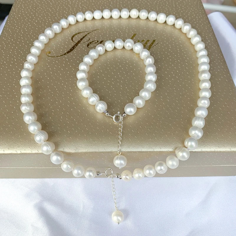 Natural Freshwater Pearl Jewelry Set Real 925 Sterling Silver Necklace Bracelet For Women Fashion Gift.