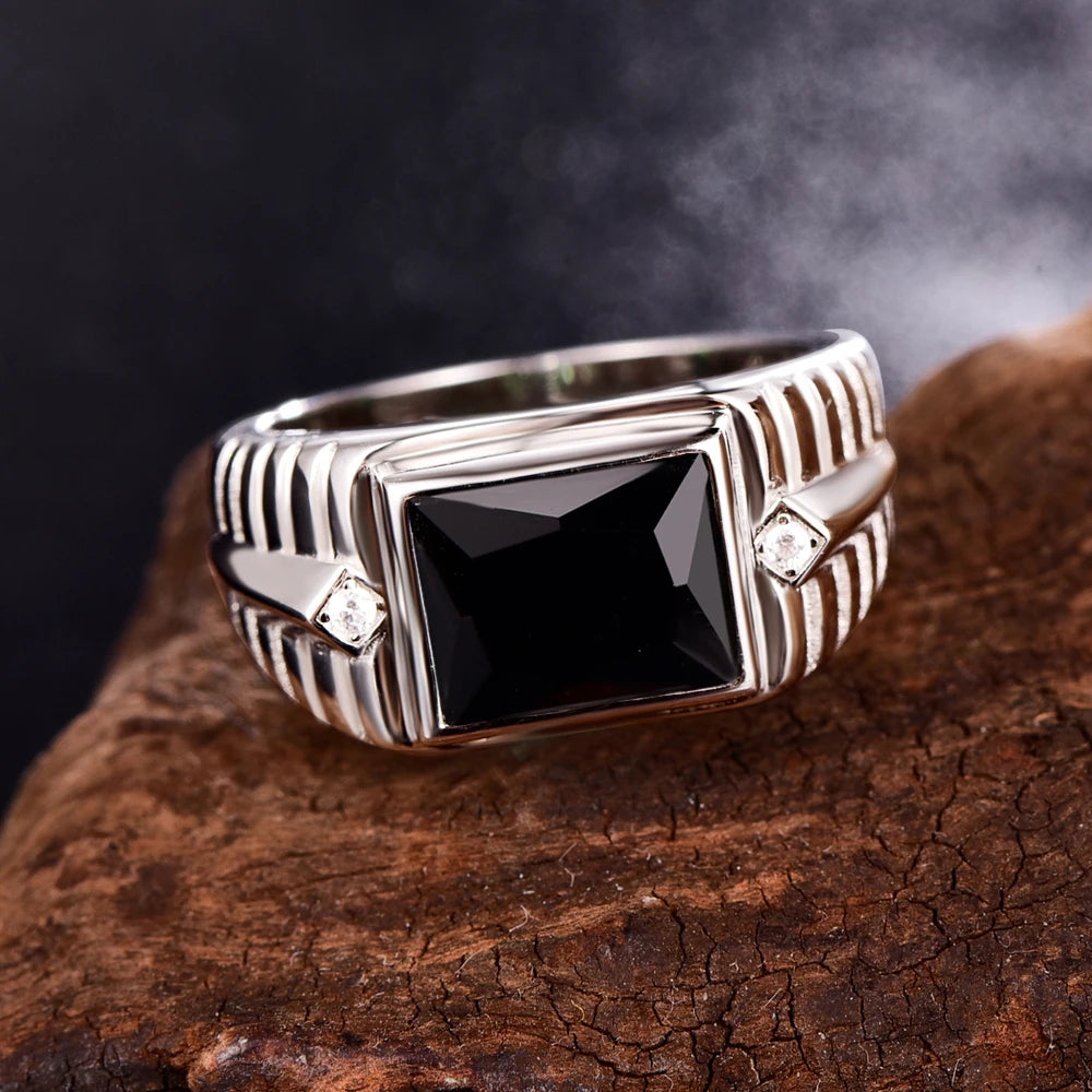 Silver Created Created Black Men's Ring.