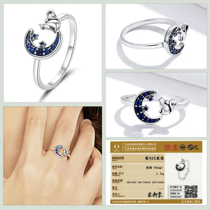 Silver Moon Cat Finger Rings for Women.