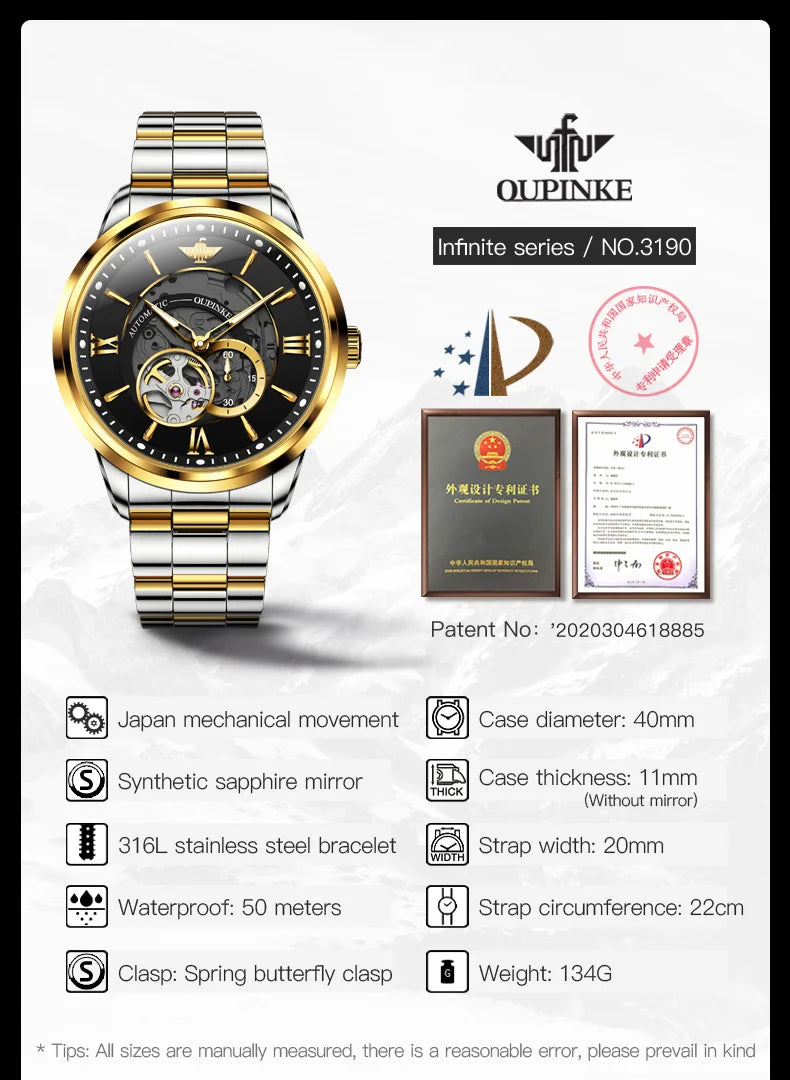 OUPINKE 3190 Automatic Mechanical Watch for Men Japan Movement Skeleton Design Sapphire Crystal Mirror Waterproof Male Watch