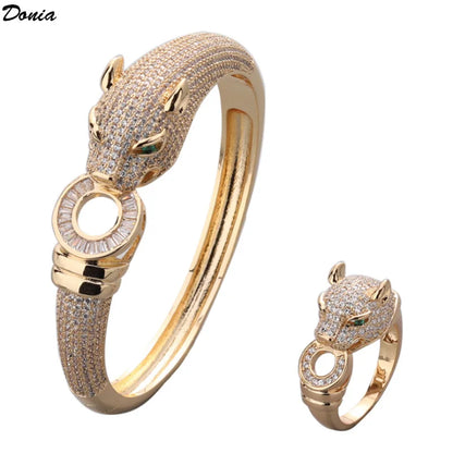 Donia Jewelry European and American retro copper luxury AAA zircon leopard bracelet ring set men&