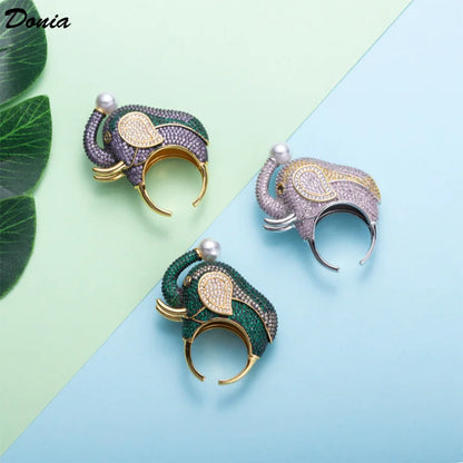 Donia jewelry Thai Pearl Elephant Shape Luxury Wedding Ring metal copper pave miro zirconia animal brdal rings jewelry