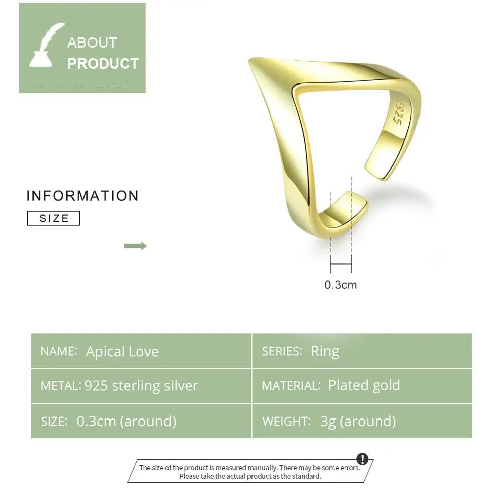 WOSTU Real 925 Sterling Silver V Shape Gold Color Ring For Women Adjustable Rings Wedding Engagement Jewelry Gift CQR470