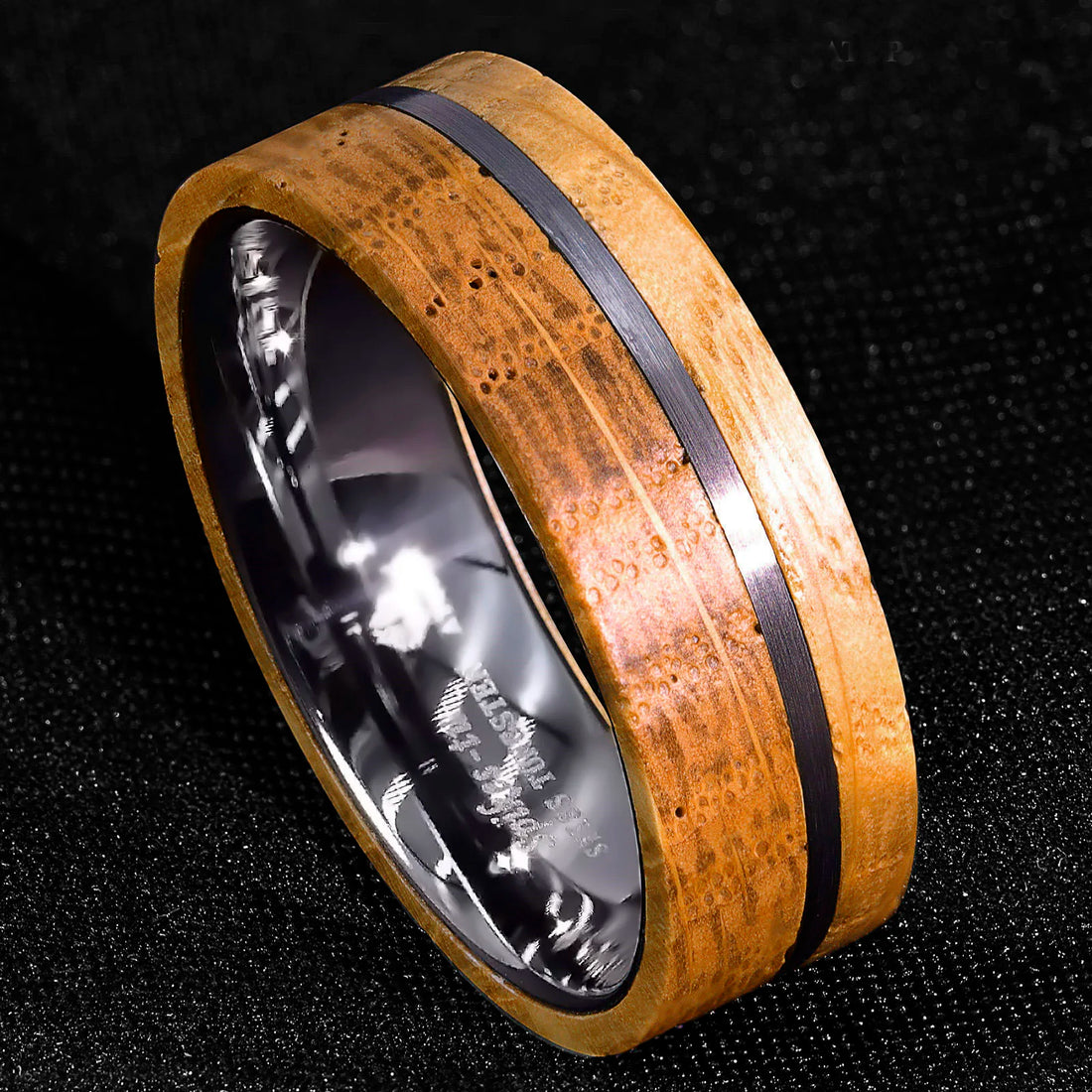 8mm Tungsten Ring with Whiskey Barrel Wood.