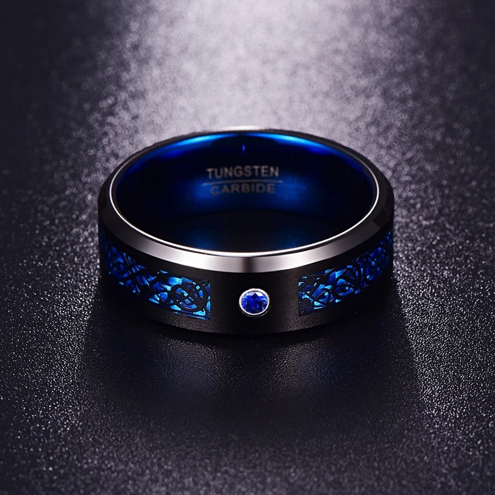 Foreign Trade Carbon Fiber Scrub Blue Zircon Men Rings 100% Tungsten Carbide Anillos para hombres Black Dragon