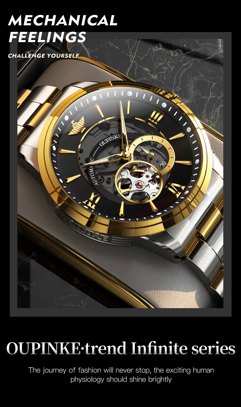 OUPINKE 3190 Automatic Mechanical Watch for Men Japan Movement Skeleton Design Sapphire Crystal Mirror Waterproof Male Watch