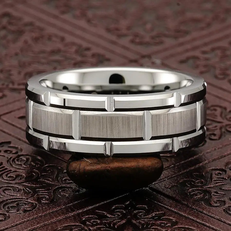 Modern Men 8MM Stainless Steel Ring Silver Color Brushed Double Groove Pattern Men&