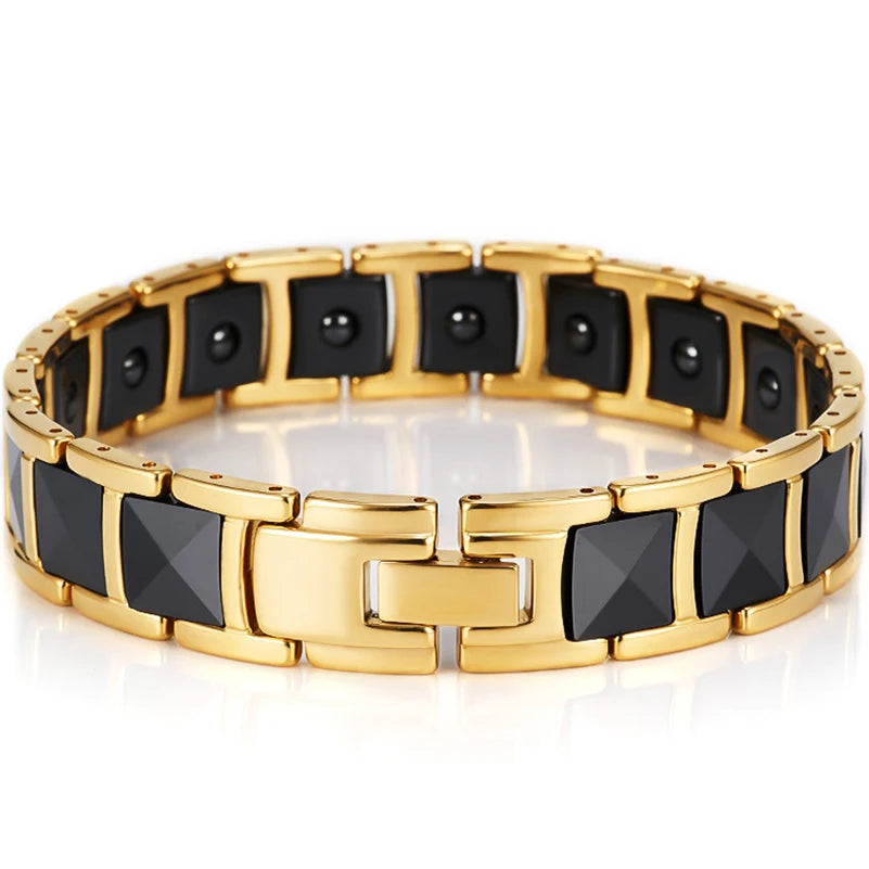 Luxury Gold Color Stainless Steel Ceramic Health Magnetic Therapy Bracelet for Men Pain Relief for Arthritis and Carpal Tunnel