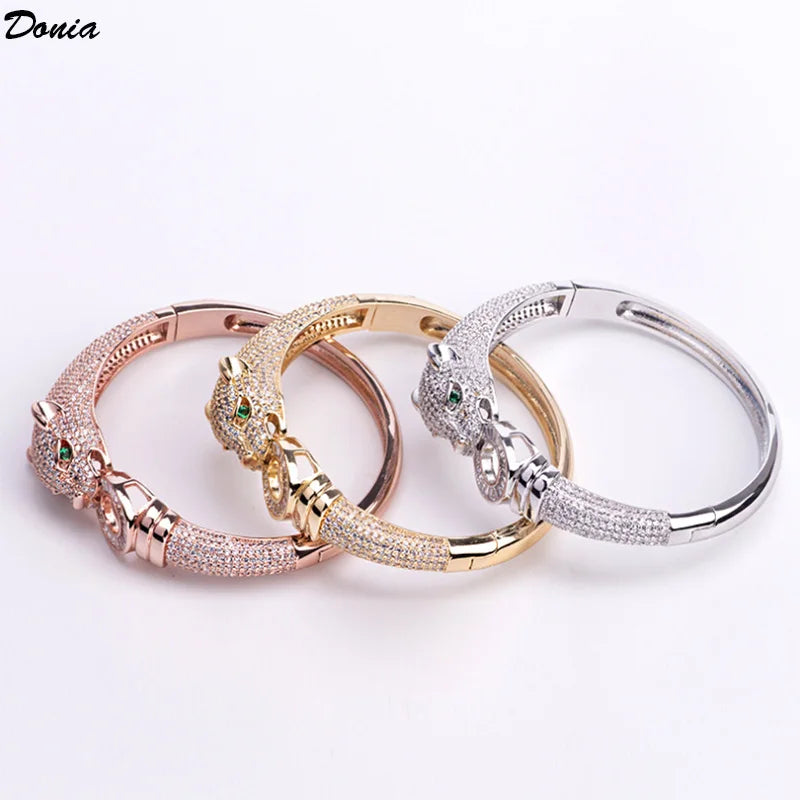 Donia Jewelry European and American retro copper luxury AAA zircon leopard bracelet ring set men&