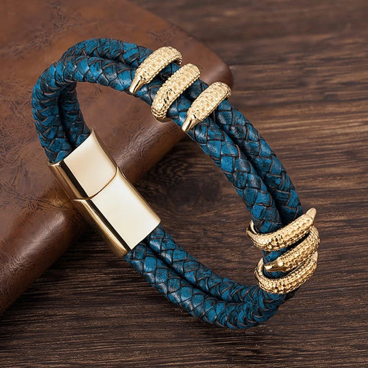 MKENDN Punk Men Vintage Blue Braided Genuine Leather Bracelet Black Dragon Claw Homme Femme Bracelets Handmade Jewelry Pulseras