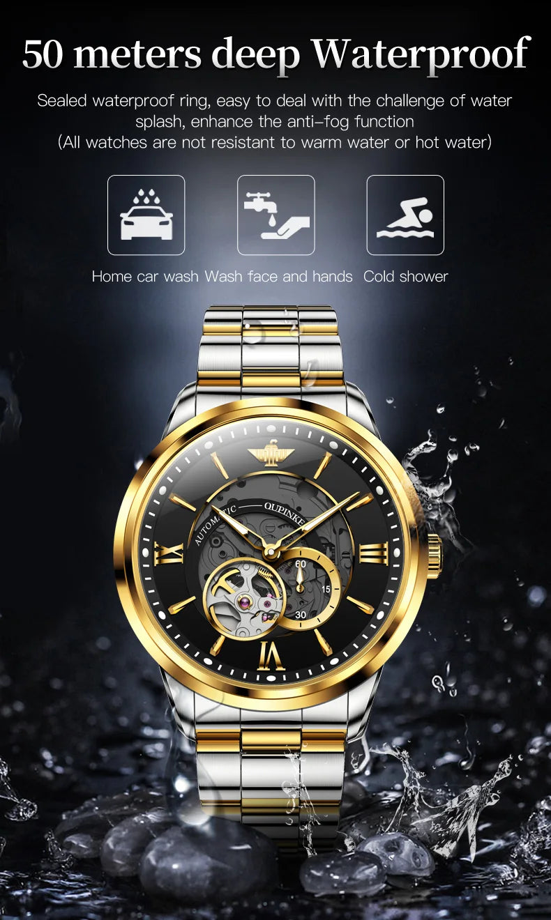 OUPINKE 3190 Automatic Mechanical Watch for Men Japan Movement Skeleton Design Sapphire Crystal Mirror Waterproof Male Watch