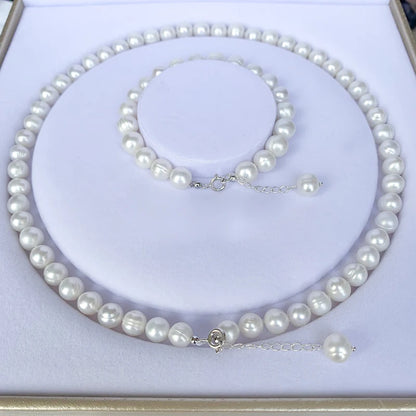 Natural Freshwater Pearl Jewelry Set Real 925 Sterling Silver Necklace Bracelet For Women Fashion Gift.