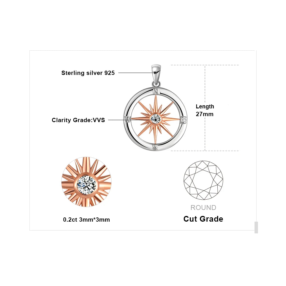 JewelryPalace Sun Star Compass Circle 925 Sterling Silver Rose Gold Pendant Necklace Women Round Cubic Zirconia Pendant No Chain