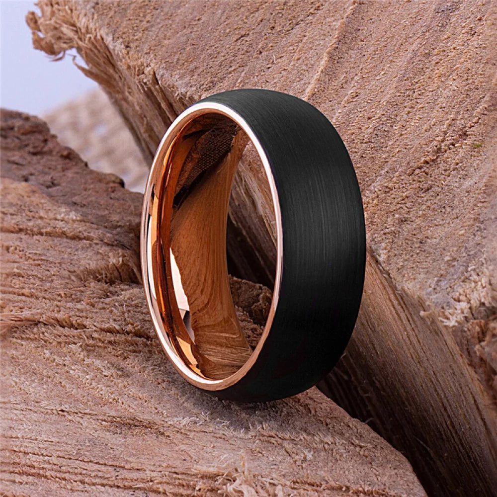 Fashion Black Brushed Dome Tungsten Carbide Ring Rose Gold Plating Men's Wedding Band