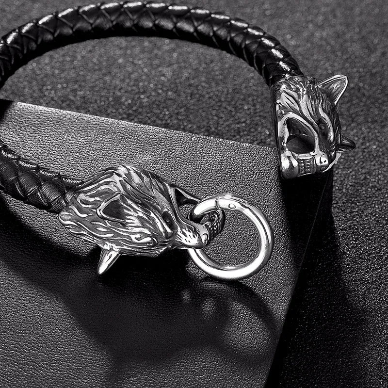 MKENDN Classic Animal Viking Double Dragon Wolf Head 316L stainless steel Men's Leather Bracelet Fashion Punk Jewelry Pulseras