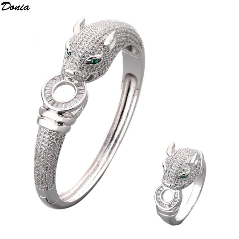 Donia Jewelry European and American retro copper luxury AAA zircon leopard bracelet ring set men&