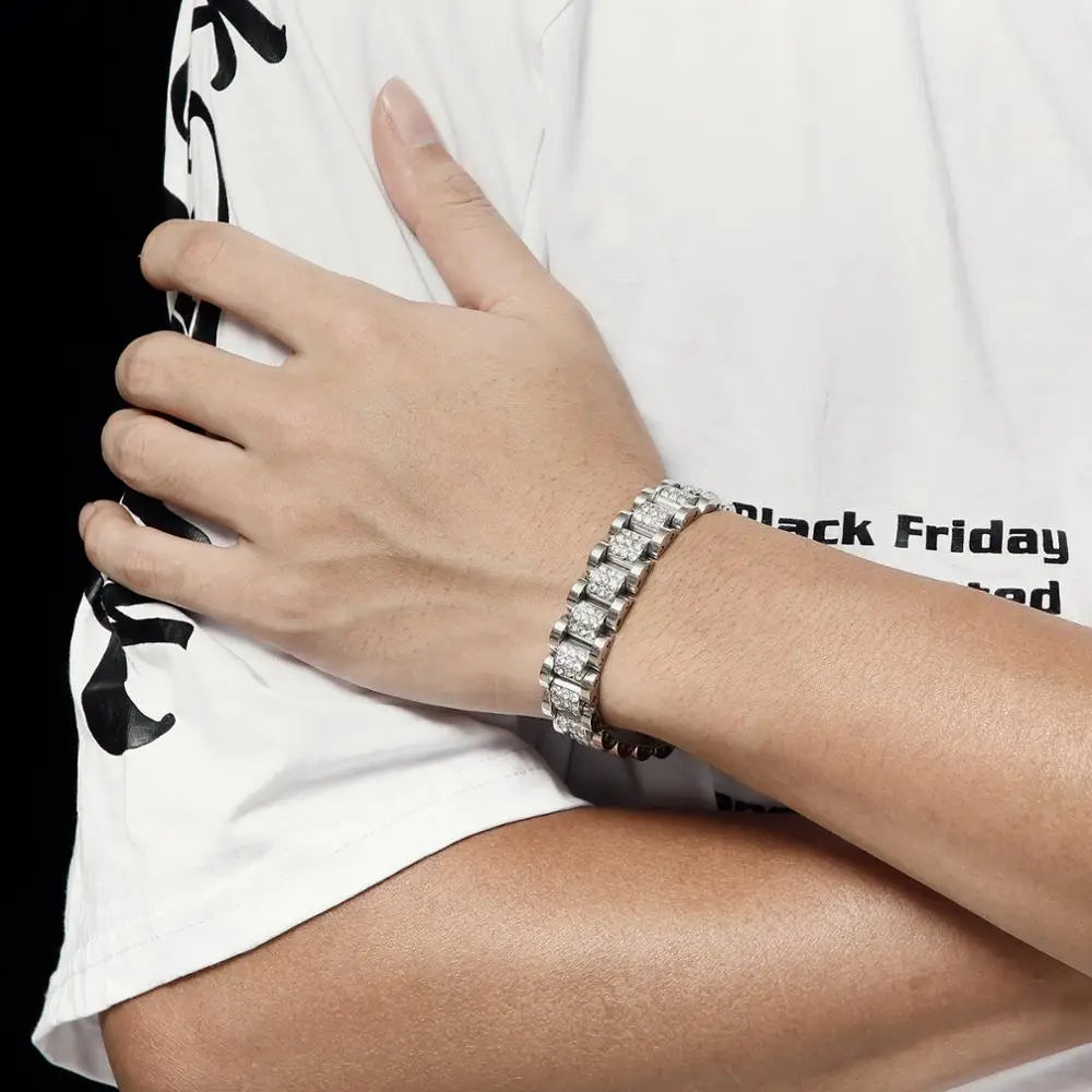 High Quality Zircon-Studded Men Hip Hop Bracelet Titanium Steel Shiny Chunky Chain Bracelet Gold/Silver Color